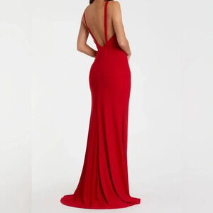 Mac Duggal 25846 | Jersey Plunge Neck High Slit Gown | Red | Women’s 14